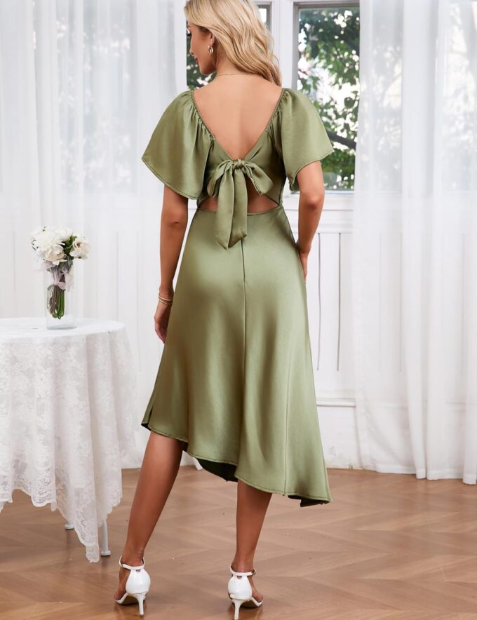 2025 Satin Cowl Neck Flutter Sleeve Midi Dress Silk Sexy Tie Back Asymmetrical Hemline Formal Long Dresses for Wedding Guest – Bild 2