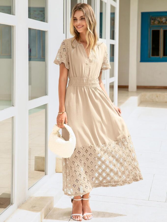 Simplee Womens 2025 Summer Boho Maxi Dress V Neck Empire Waist Long Flowy Dresses with Pockets – Bild 2