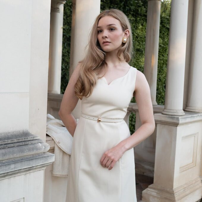 GOELIA Damen Midikleid mit Gürtel, Merinowolle, Beige, ärmellos, V-Ausschnitt, Büro, Arbeit, Party, Anzug, formelle Kleider für Frauen – Bild 4