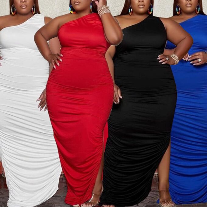 Womens Sexy Plus Size One Off Shoulder Sleeveless Bodycon Ruched Evening Pencil Party Maxi Dresss – Bild 3