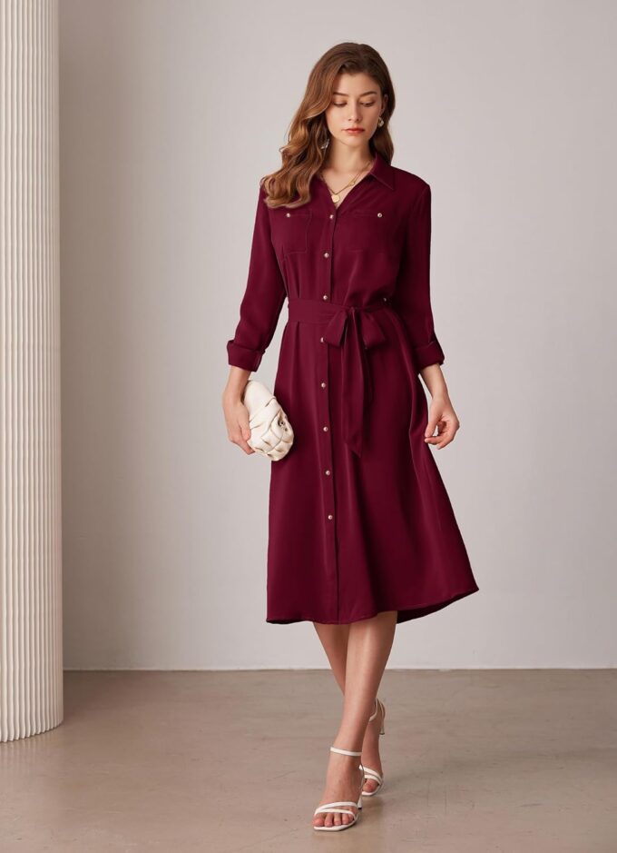 GRACE KARIN Women's Long Sleeve Button Down Shirt Dress Casual Loose Tie Waist Adjustable Sleeve Length Midi Dresses – Bild 5