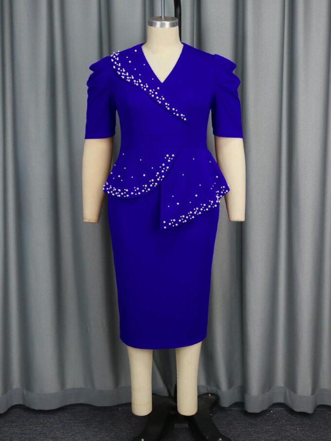 ONTINVA Women's Plus Size Pearl Beaded Wrap V-Neck Peplum Bodycon Vintage Cocktail Party Dress – Bild 3