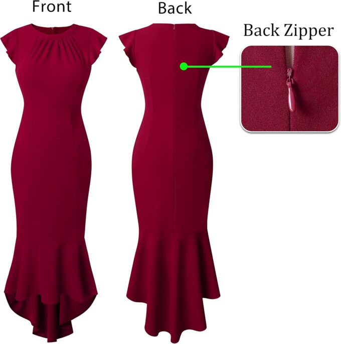 VFSHOW Womens Ruffle Sleeve Pleated Crew Neck Cocktail Party High Low Mermaid Midi Dress – Bild 5