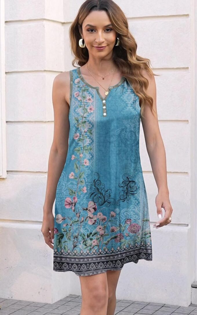 Disamer Womens Summer Dress 2025 Casual Button Down V Neck Sleeveless Boho Floral Beach Sundresses Vacation A-Line Dresses – Bild 3