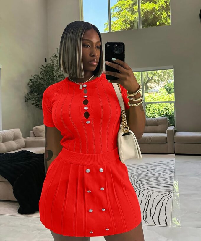 Women's 2 Piece Outfits Knitted Crop Top Pleated Mini Skirt Set for Summer Party Club Going Out – Bild 3
