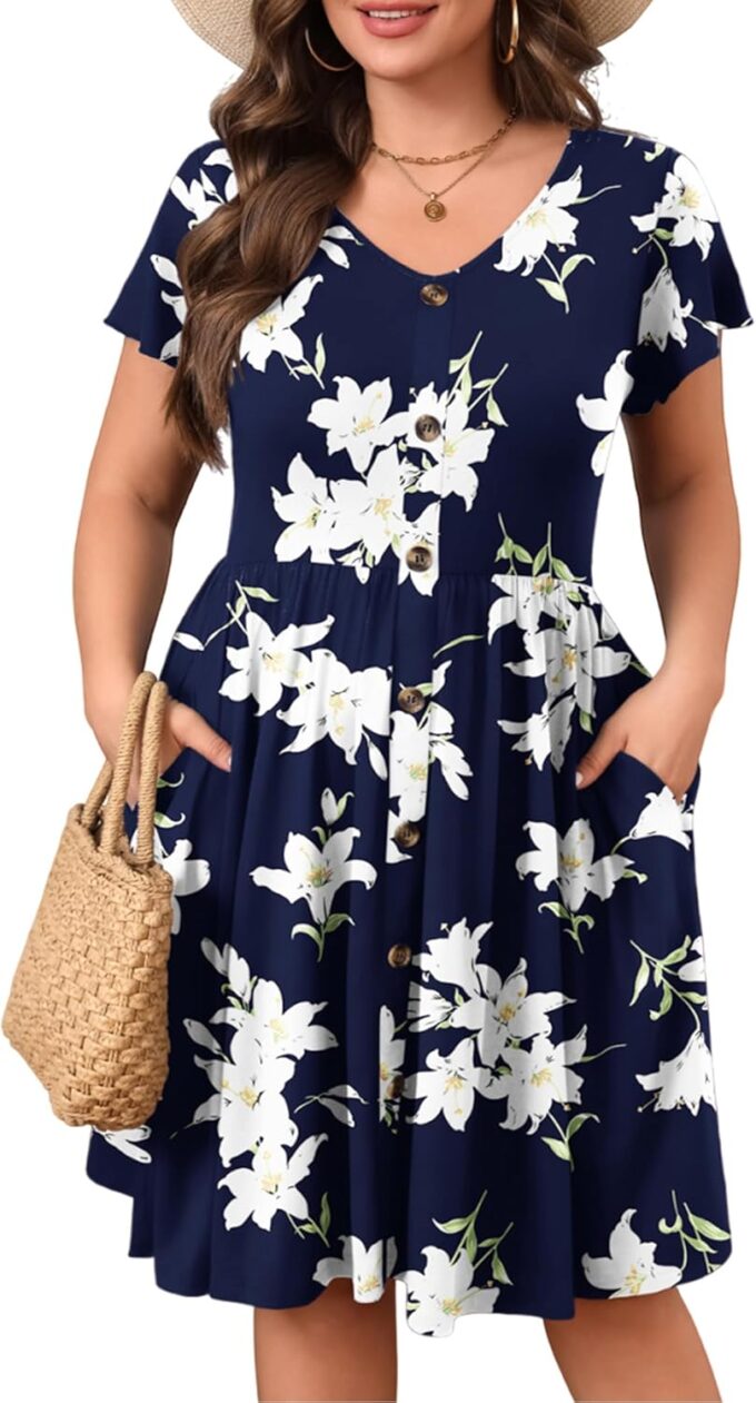 IN'VOLAND Plus Size Summer Dresses for Women Casual Floral A-line Dress Flowy Beach Sundress with Pockets