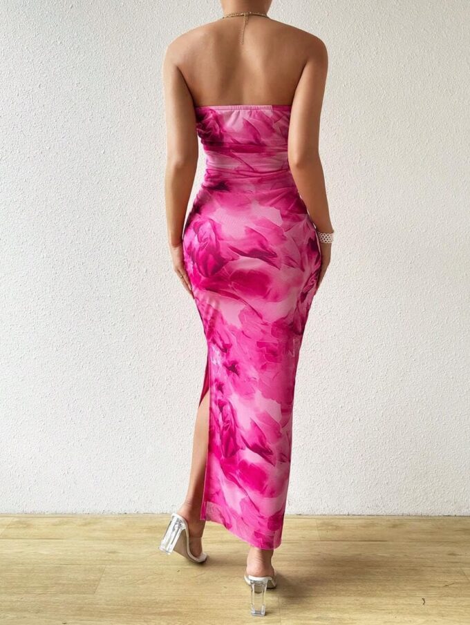Women's Summer Dress Printed Strapless Tube Bodycon Maxi Side Slit Mesh Layered – Bild 2