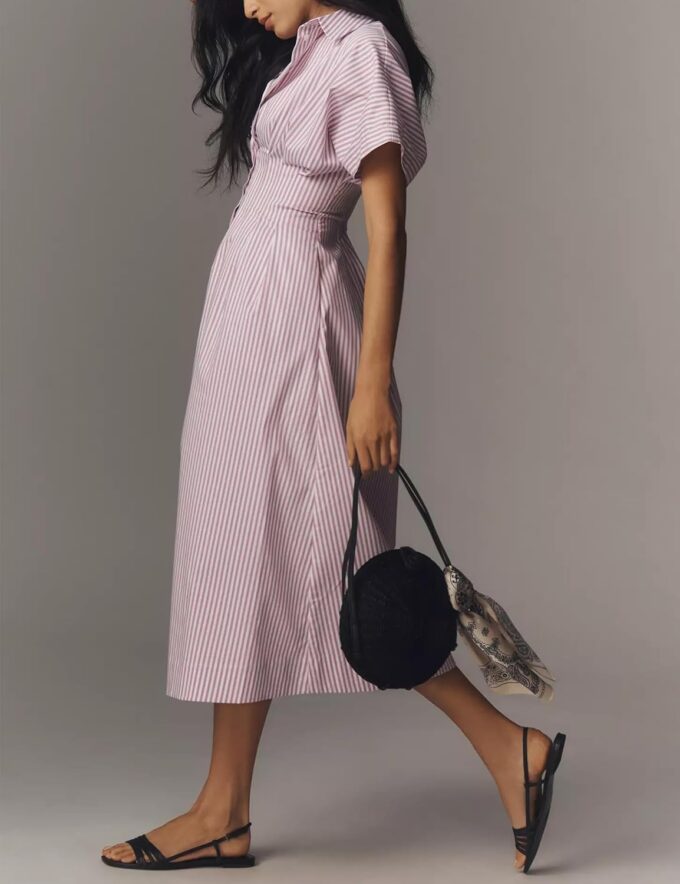 Women Striped Button Front Pleated Maxi Shirt Dress Short Sleeve Collar V Neck Summer Casual Corset Long Dress Purple – Bild 2