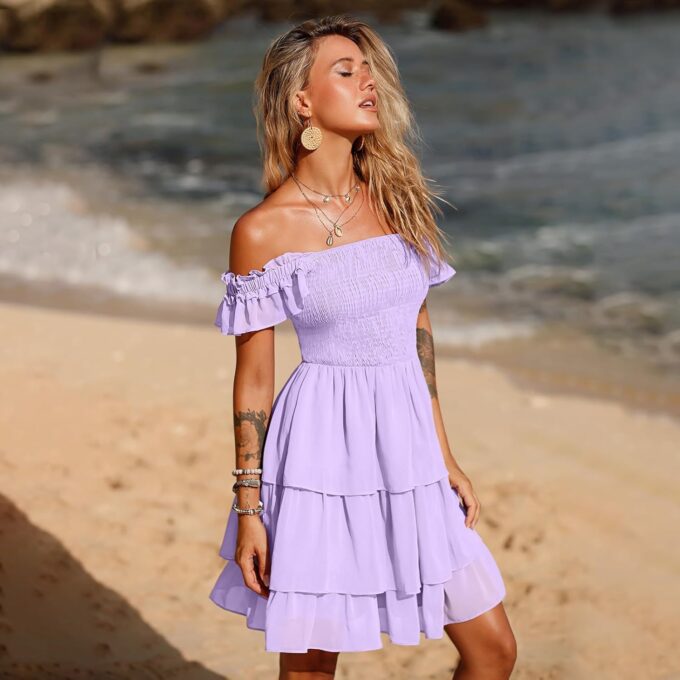 Byinns Womens Square Neck Sleeveless Ruffle Dress High Waist Backless Tiered Smocked Strappy Casual Short Mini Dresses – Bild 8