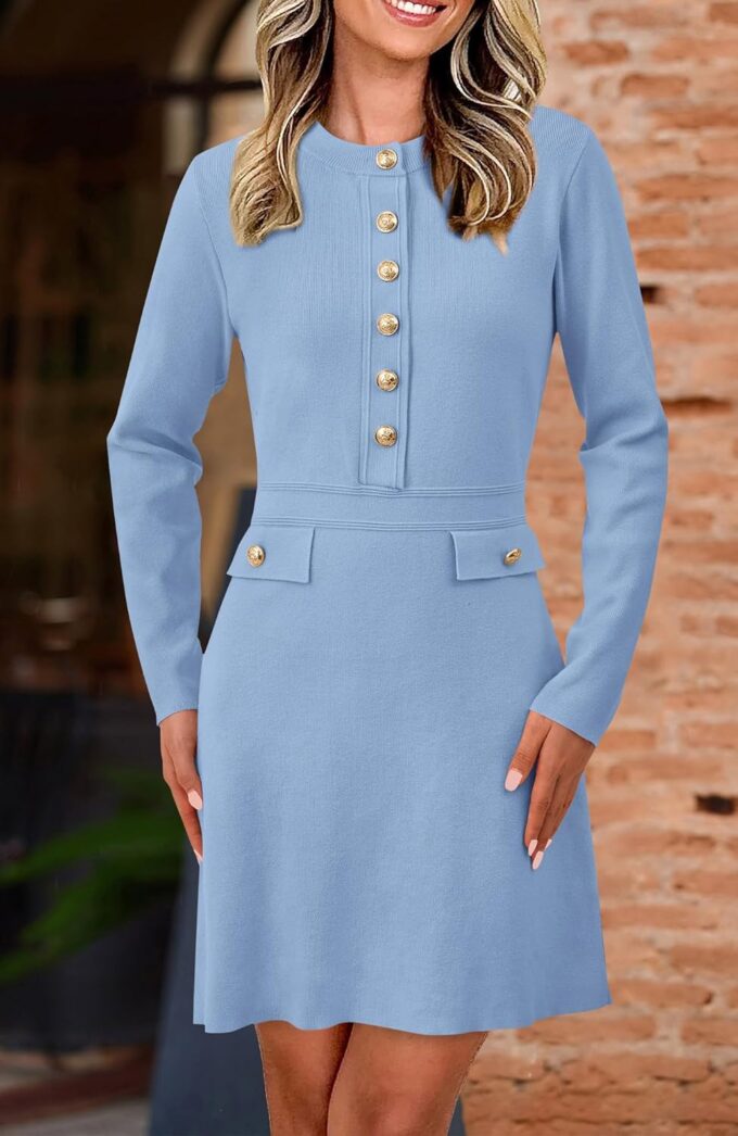 BTFBM Women Fall Dresses 2025 Casual Long Sleeve Bodycon Sweater Dress Decorative Button Formal Mini Dresses – Bild 3