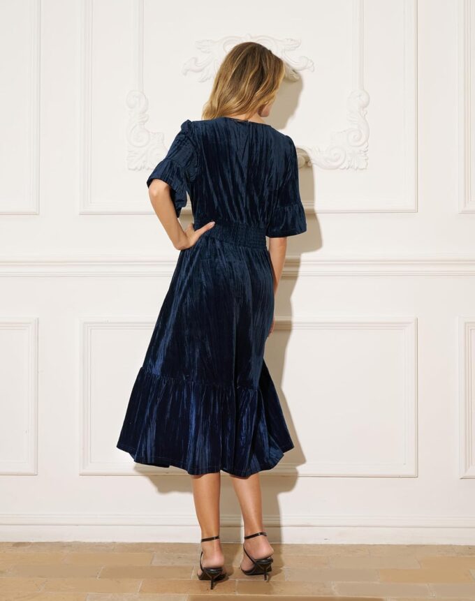 Women's Tiered Velvet Midi Dress Fall Winter Smocked High Waist Dress with Pockets Cocktail Evening Party Formal Dress – Bild 4