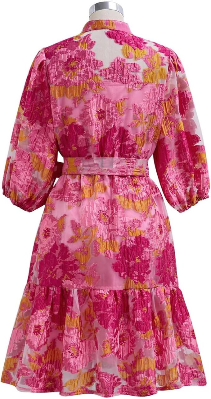 CHICWISH Women Floral Jacquard Mini Dress Puff Sleeves Mock Neck Button Garedn Party Organza Casual Dress with Belt – Bild 3