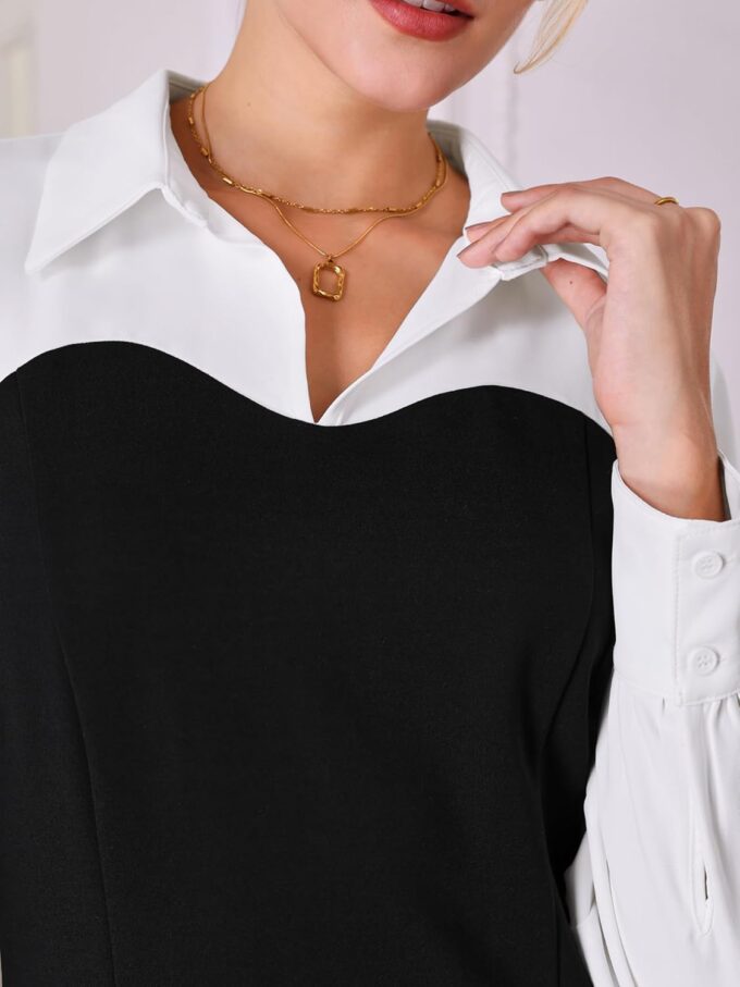 Hobemty Damen Etuikleid in Kontrastfarbe, langärmelig, Reverskragen, elegante Arbeit, Bleistiftkleider – Bild 4
