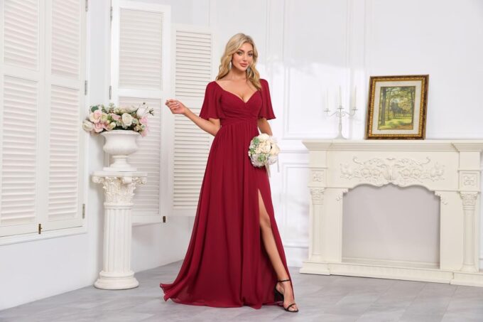 Women's Flutter Sleeves Chiffon Bridesmaid Dresses with Slit Long A Line V-Neck Formal Party Dress with Pockets – Bild 6