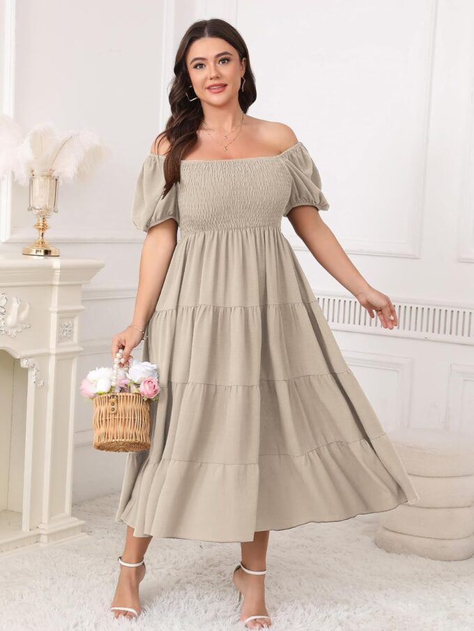 Womens Plus Size Casual Dress Short Puff Sleeve Square Neck Smocked Tiered Summer A Line Flowy Long Maxi Dresses – Bild 3