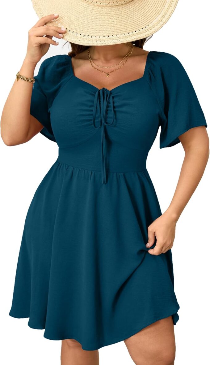 RWJ Women Plus Size Summer Dress Short Sleeve Tie Front Sweetheart Neck Wrap A-Line Casual Mini Wedding Guest Dresses 2025