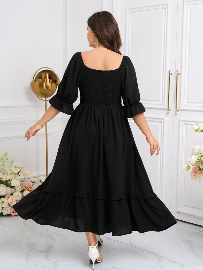SCOMCHIC Women Plus Size Maxi Dresses Sweetheart Knot Front Puff Short Sleeve Wedding Guest Smocked Ruffle Flowy Dress – Bild 7