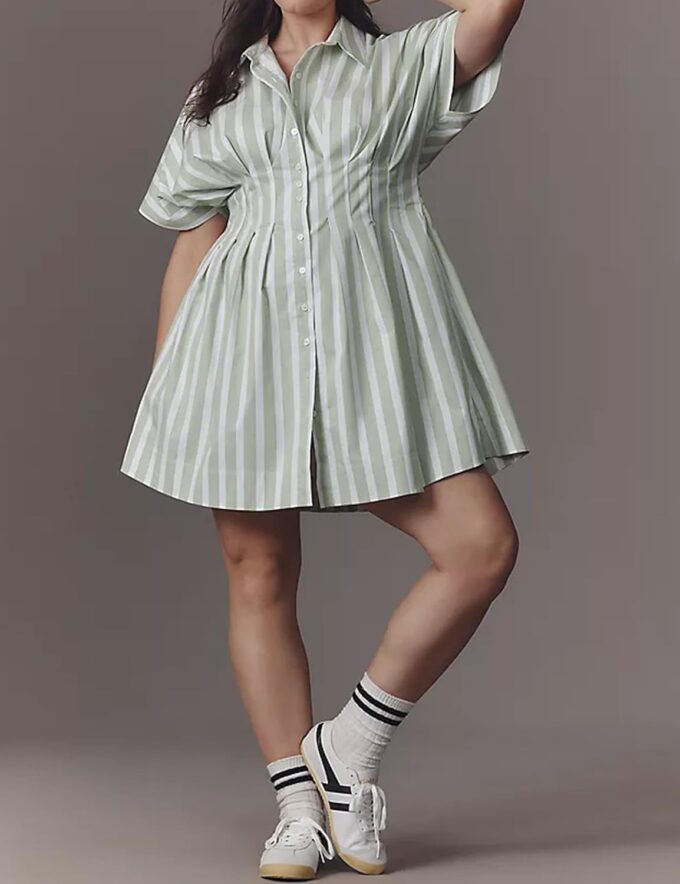Women Button Front Pleated Shirt Dresses Summer Casual Short Sleeve Pleated Blouse Mini Dress – Bild 5