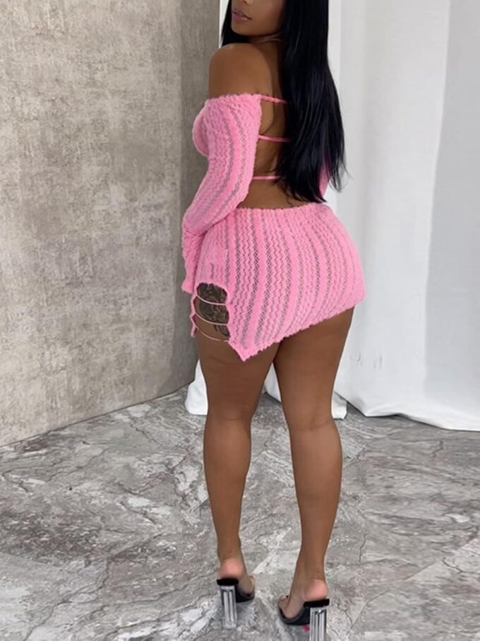 Sexy Off Shoulder Fuzzy Y2K Mini Dress for Women Strappy Backless Long Sleeve Party Club Birthday Dresses Date Night – Bild 3
