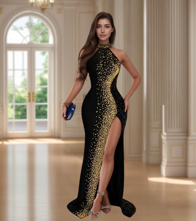 Women Sexy Elegant Rhinestone Mesh See Through Party Club Night Split Bodycon Formal Maxi Dress – Bild 2