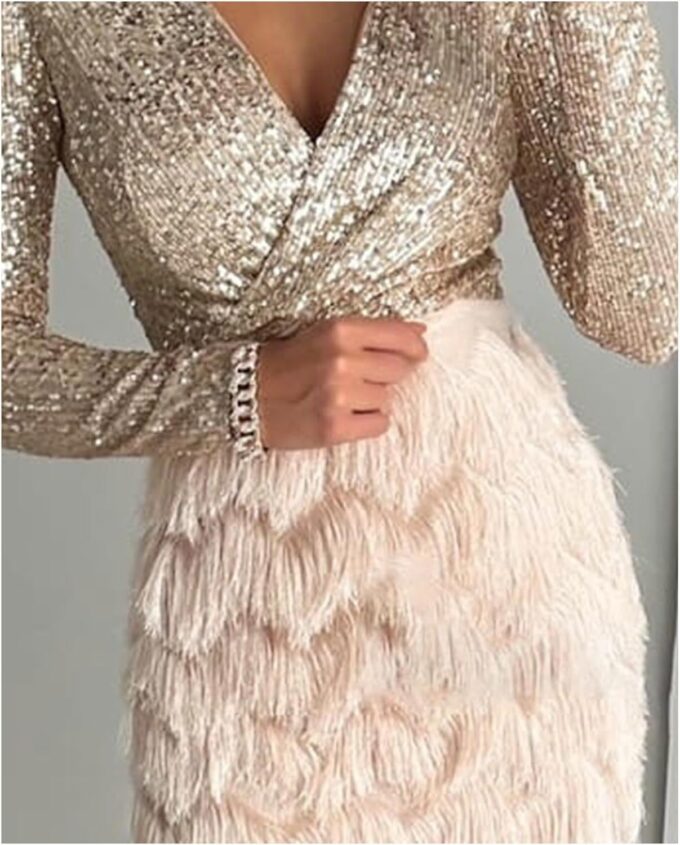 SEMATOMALA Women's Wrap V Neck Long Sleeve Pencil Mini Dress Sequin Top Fringe Skirt Flapper Cocktail Short Dress – Bild 5