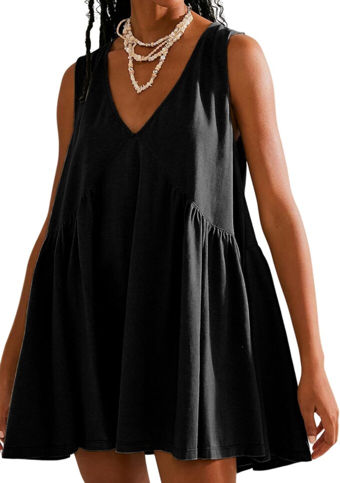 Sleeveless Mini Dress for Women 2025 Summer Casual V Neck Sundress Loose Babydoll Dress with Pockets