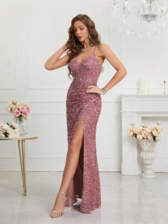 Sequin Dress for Women Prom Dress Sexy V-Neck Bodycon Sequin Gowns and Evening Dresses – Bild 4