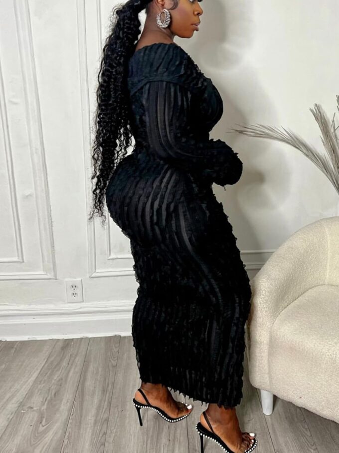 Sexy Button Down Dresses for Women Date Night Off Shoulder See Through Mesh Ruffle Bodycon Maxi Dress – Bild 6