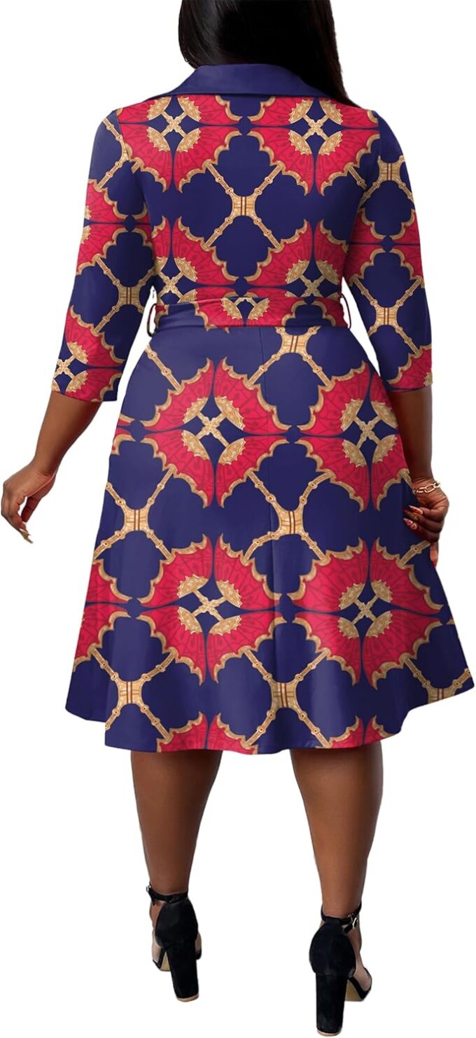 FANDEE Plus Size Midi Dress for Women - Printing Summer Dresses for Wedding Guest Cocktail Party 3/4 Sleeve V Neck（XL-5XL） – Bild 3