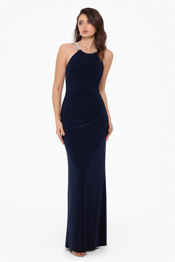 Betsy & Adam Women's Long Halter Neck Sleeveless Gown with Rhinestone Straps – Bild 3