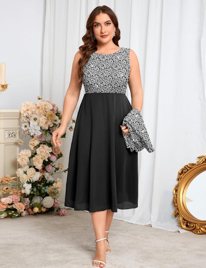 ZOMVA Plus Size Sparkly Mother of The Bride Dresses with Jacket 2 Piece Chiffon A-Line Dress Wedding Guest Formal – Bild 3