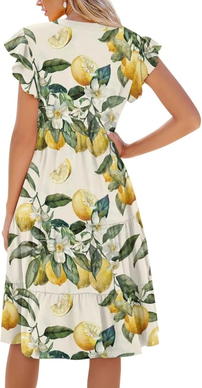 Womens Summer Dress Ruffle Sleeve V Neck Dress Casual Fit Flowy Beach Vacation Sundress with Pocket S-2XL – Bild 2