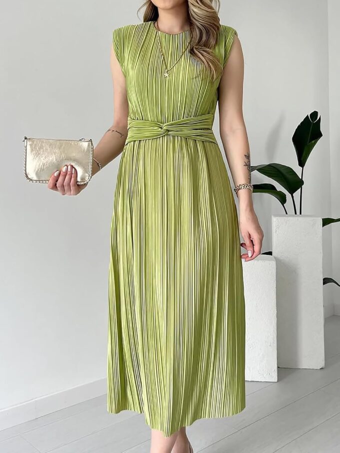 Vacation Cocktail Pleated Maxi Dress Shoulder Pad Crewneck Sleeveless Front Twisted Elegant A-Line Dress – Bild 2