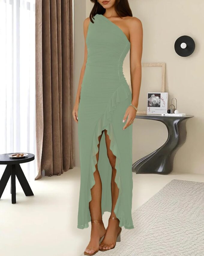 Women's Summer Dresses Bodycon Sexy One Shoulder Side Slit Ruffles Elegant Prom Cocktail Wedding Guest Mesh Maxi Dress – Bild 3