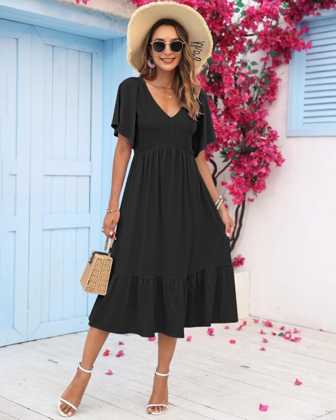 AUSELILY Women's Summer Empire Waist Dress Smocked Flutter Short Sleeve V Neck Midi Dresses 2025 New – Bild 2