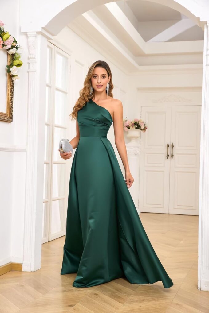 One Shoulder Satin Prom Dresses for Women 2025 A-Line Ruched Long Formal Dresses Evening Gown with Overskirt MRX08 – Bild 3