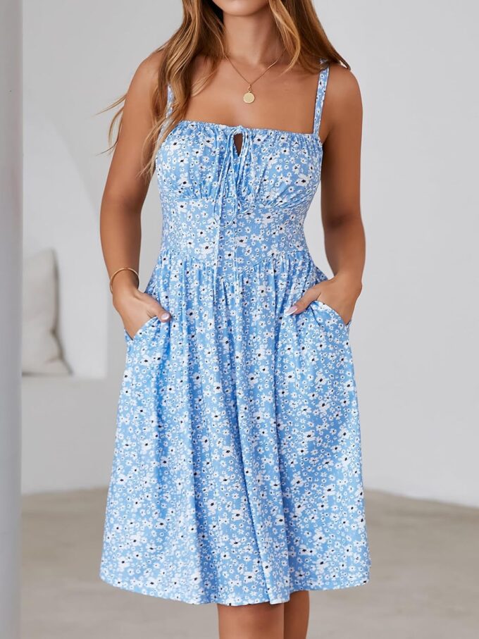 YATHON Summer Mini Corset Sun Dress for Women Short Casual Square Neck Lace Up Floral Beach Vacation Dresses with Pockets – Bild 5