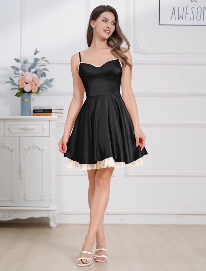 ODIZLI Women's Satin Short Corset Mini Short Dress Sleeveless Sweetheart Neckline Ruffle Party Dress Summer with Pockets – Bild 3