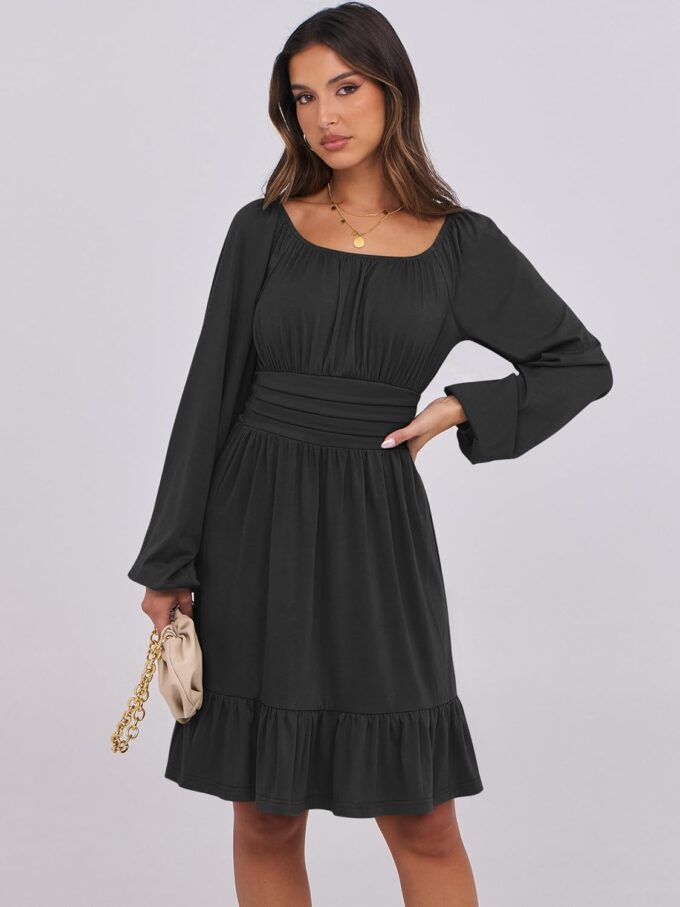 ANRABESS Womens Dress Long Lantern Sleeve Square Neck Elastic Waist Ruffle Flowy Swing A-Line Short Dresses 2025 Fall Fashion – Bild 2
