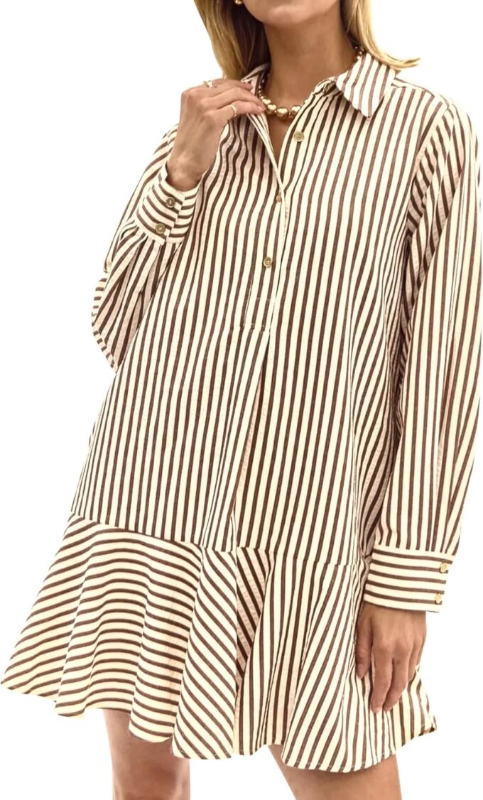 Womens Striped Shirt Mini Dress Long Sleeve Collared Ruffle Hem Button Up Tunic Flowy Swing Dresses