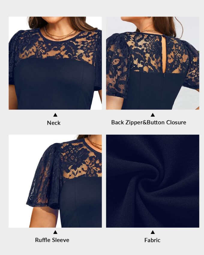 Plus Size Cocktail Dress - Lace Wedding Guest Party Crew Neck Short A Line Dresses Women – Bild 6