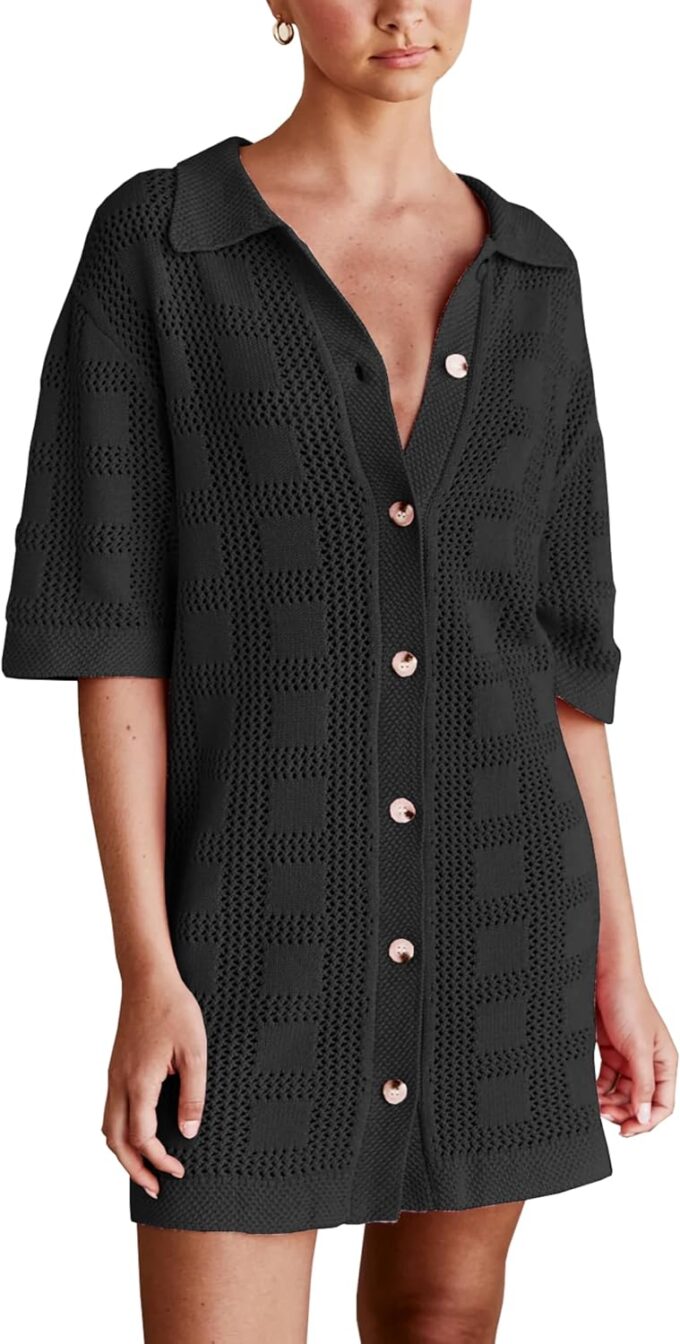 Lumister Lightweight Knit Dress Crochet Button Cover Up Bathing Suit Swimwear Knit Beach Summer Dress for Women