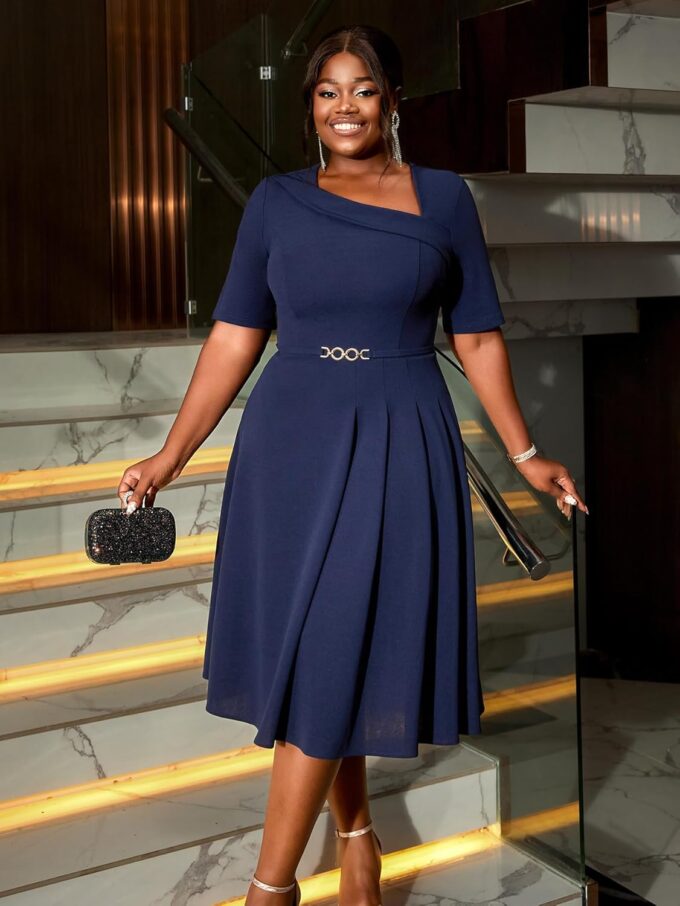 AOMEI Damen-Kleid, marineblau, unregelmäßiger Ausschnitt, kurze Ärmel, Schnalle, A-Linie, lässiges Arbeitskleid – Bild 2