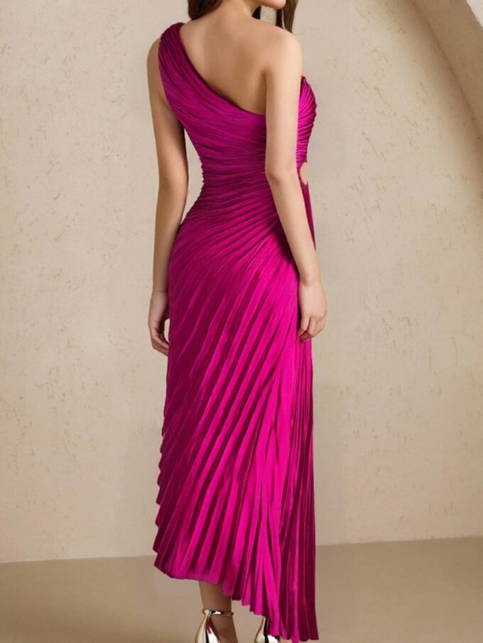 Women's Pleated One Shoulder Satin Dress Cut Out Sleeveless Asymmetrical Maxi Dresses – Bild 2