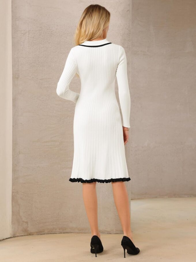 Hobemty Damen Midi Strickkleid Gerafft A-Linie Sweater Polokleider – Bild 5
