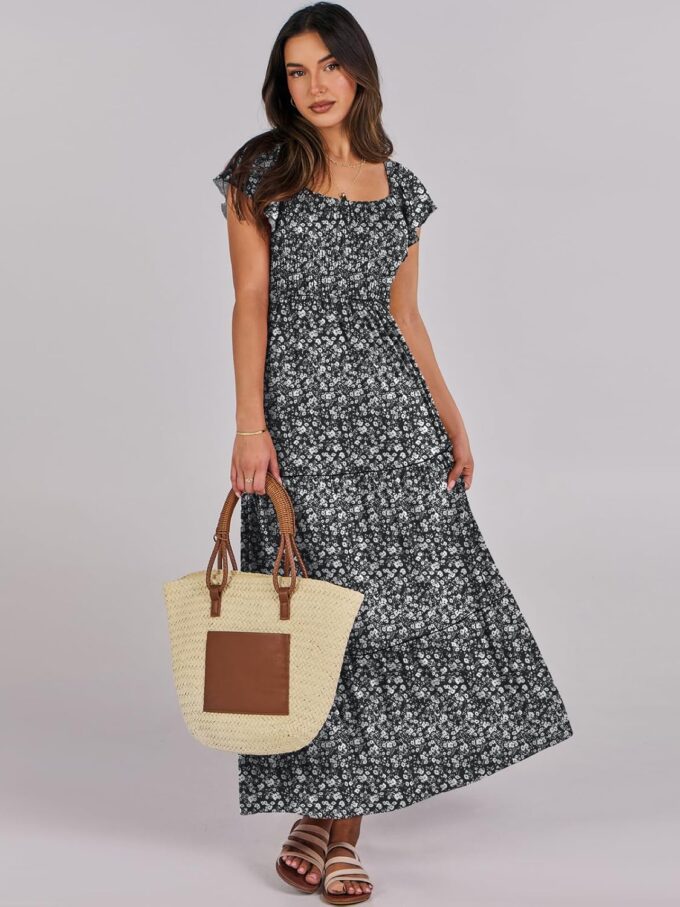 ANRABESS Women’s Casual Summer Maxi Dress Flutter Short Sleeve Scoop Neck Smocked A Line Flowy Beach Vacation Long Dresses – Bild 7