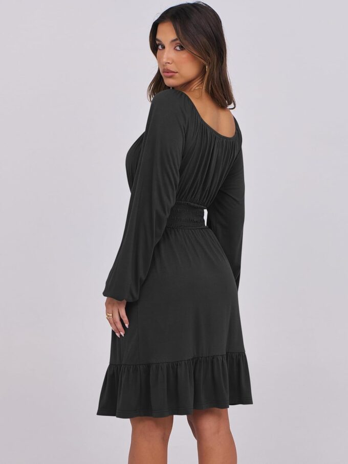 ANRABESS Womens Dress Long Lantern Sleeve Square Neck Elastic Waist Ruffle Flowy Swing A-Line Short Dresses 2025 Fall Fashion – Bild 5