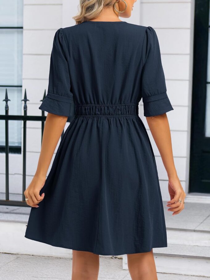 Loemes Womens Casual Work Drop Waist Sunresses Business V Neck Midi Ruffle Sleeve Solid Color Flowy Summer Dress with Pockets – Bild 6