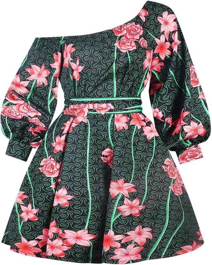 Vimoisa Women Sexy Boho African Short Dress One Shoulder Oblique Neck Dress Pleated Dress Floral Print Long Sleeve Top – Bild 5