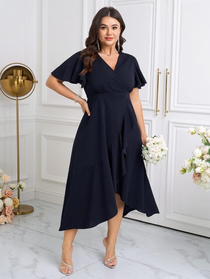 SCOMCHIC Plus Size Formal Dresses for Women Wedding Guest V Neck Wrap Ruffle Split Cocktail Party Evening Gowns Dress – Bild 3